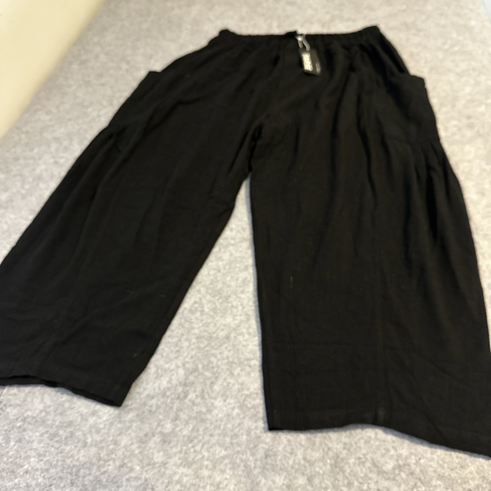 Tarse Pants Women Large Black Linen Blend Pull On Wide Leg Lagenlook Yoga Capri